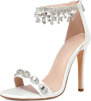 AUMOTED Women's High Heels Open Toe Pumps Stiletto Heeled Sandals Dating Beaded Pumps with Pearl Ankle Buckle Strap Bride Wedding Party Shoes 4.3 Inch