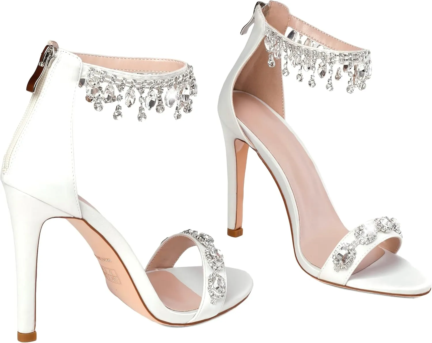 AUMOTED Women's High Heels Open Toe Pumps Stiletto Heeled Sandals Dating Beaded Pumps with Pearl Ankle Buckle Strap Bride Wedding Party Shoes 4.3 Inch
