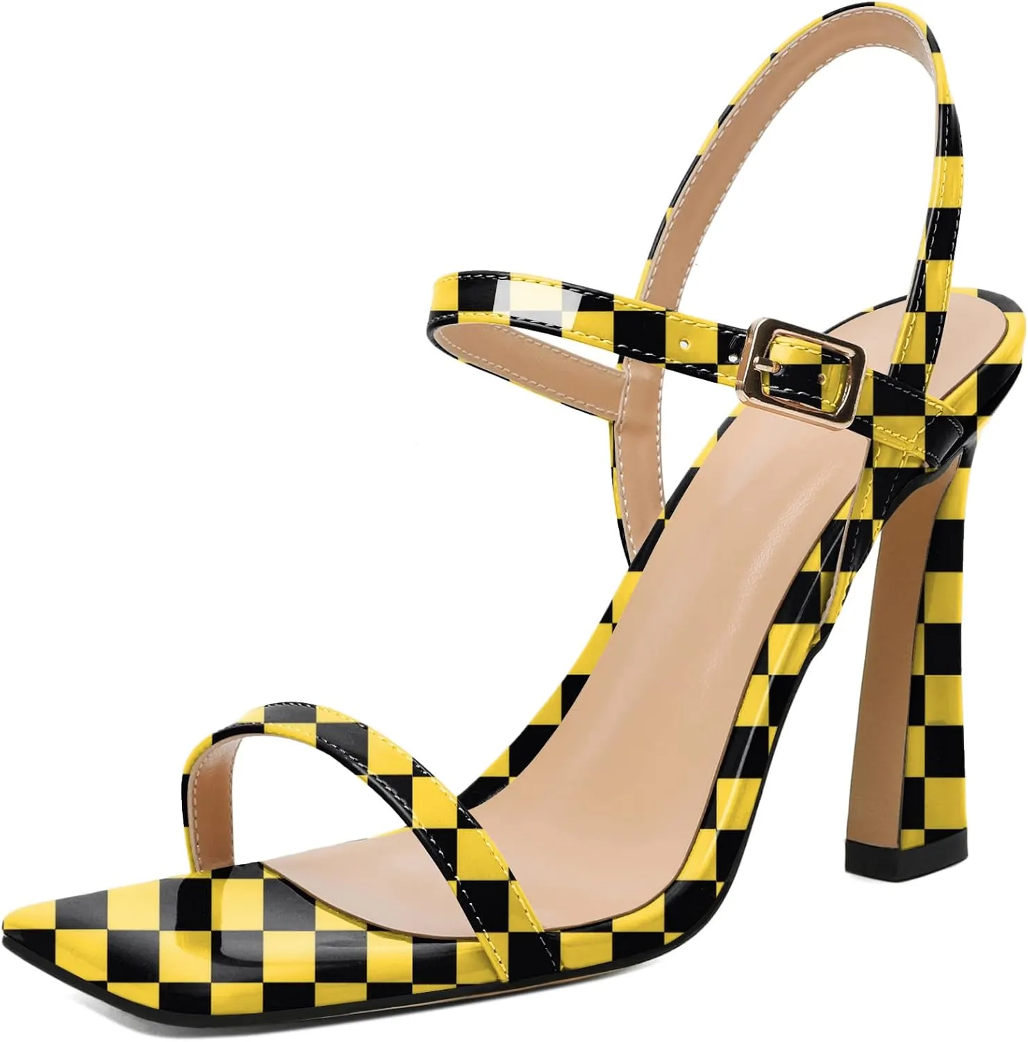AUMOTED Womens Sandals Stiletto High Heel Open Square Toe Heeled Sandals Strappy Ankle Strap Patent Summer Wedding Party Shoes 4 Inch