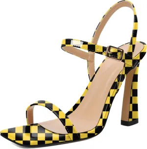 AUMOTED Womens Sandals Stiletto High Heel Open Square Toe Heeled Sandals Strappy Ankle Strap Patent Summer Wedding Party Shoes 4 Inch