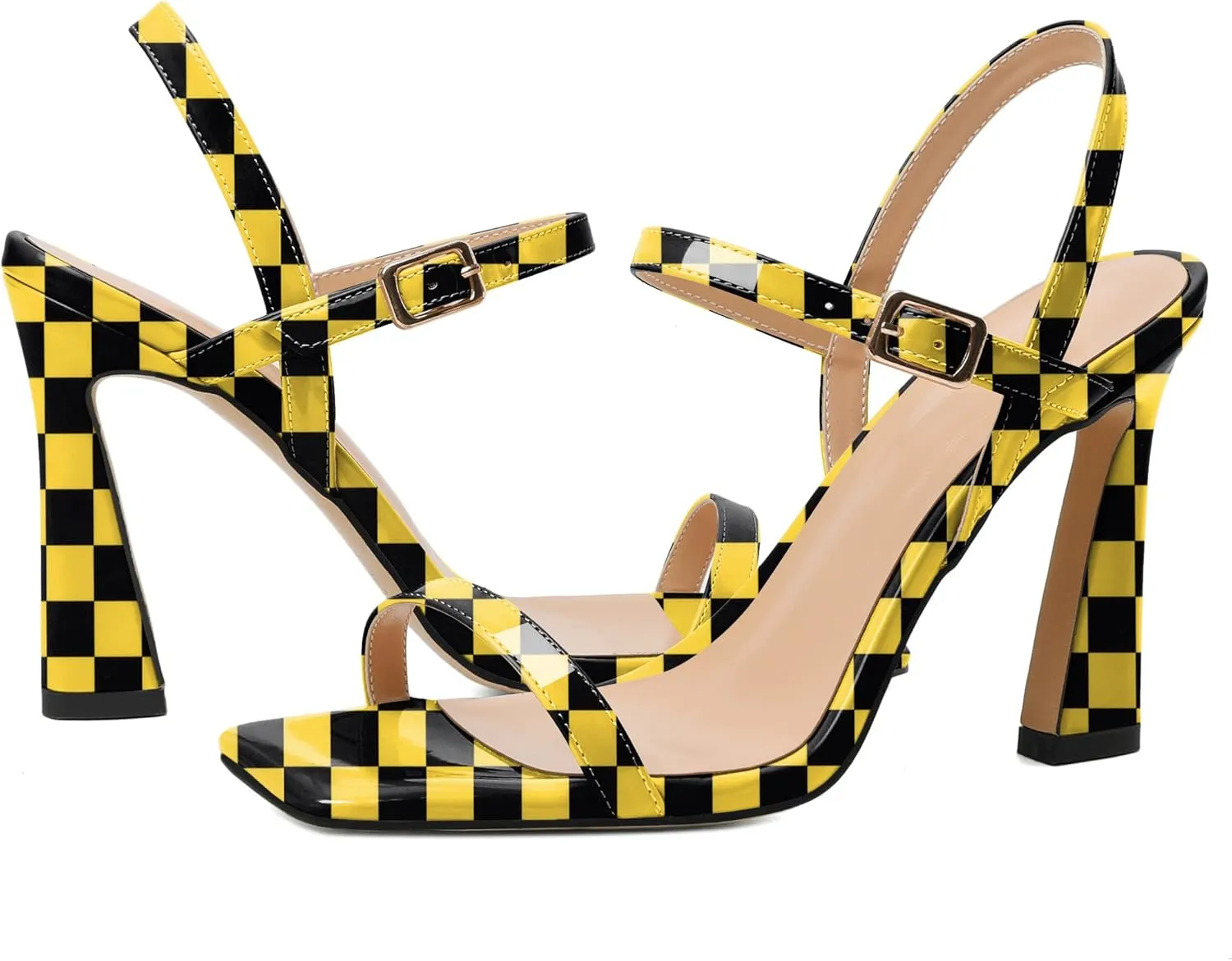 AUMOTED Womens Sandals Stiletto High Heel Open Square Toe Heeled Sandals Strappy Ankle Strap Patent Summer Wedding Party Shoes 4 Inch