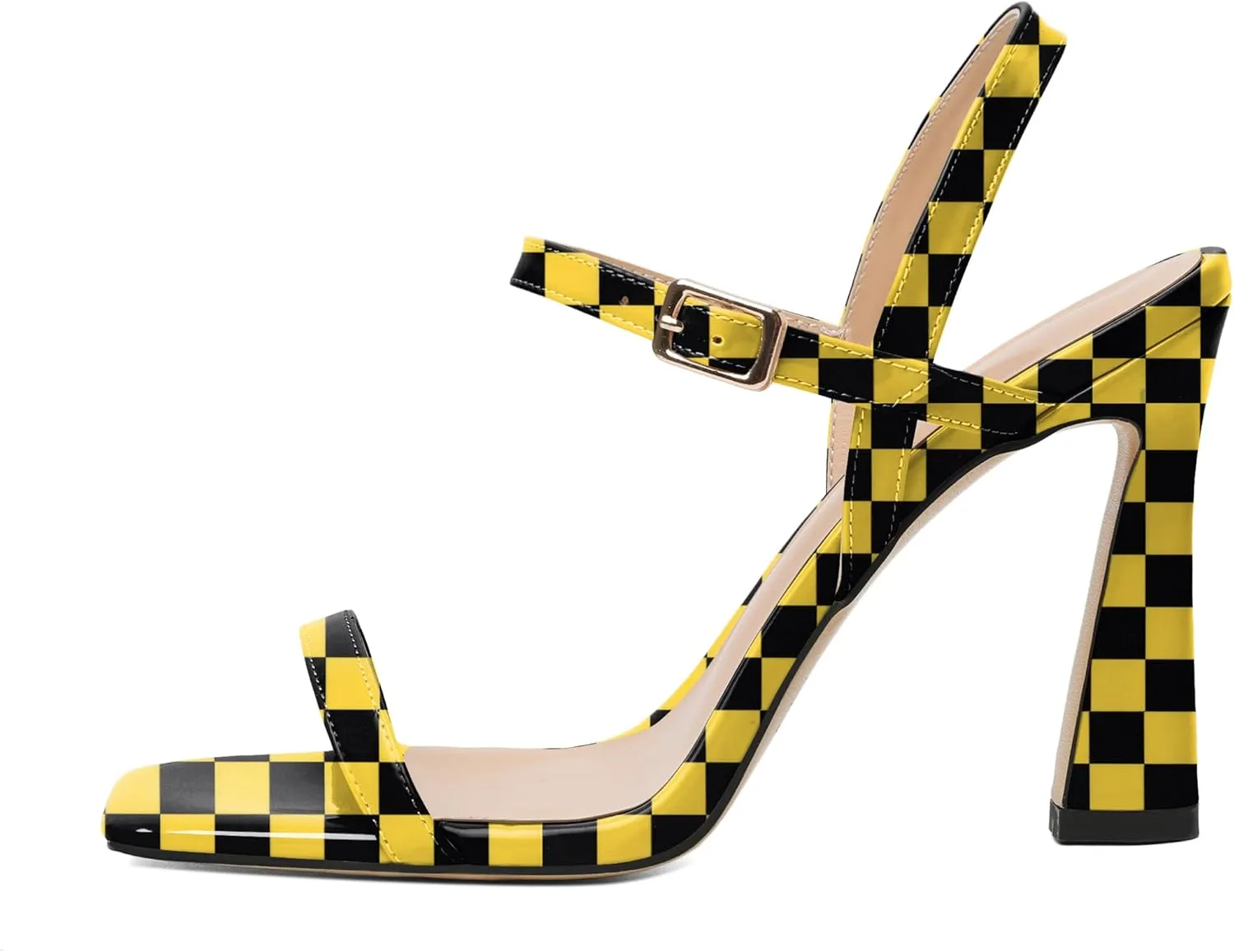AUMOTED Womens Sandals Stiletto High Heel Open Square Toe Heeled Sandals Strappy Ankle Strap Patent Summer Wedding Party Shoes 4 Inch