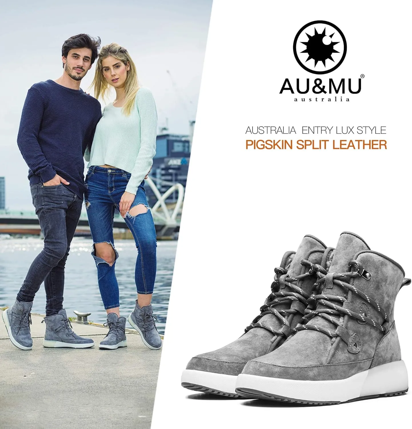 AUMU Taurus Leather Metal Buckle Brass Eyelets Suede Upper Laces Winter Snow Boots…