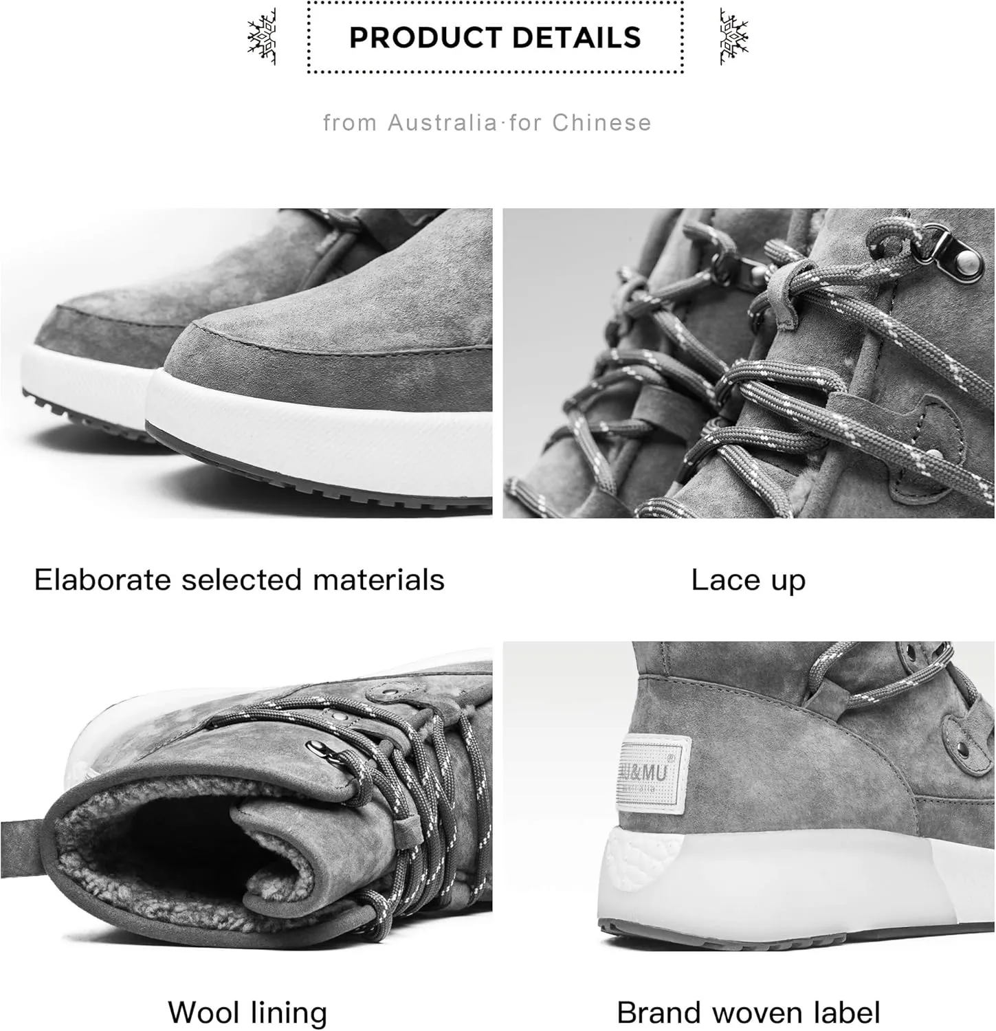 AUMU Taurus Leather Metal Buckle Brass Eyelets Suede Upper Laces Winter Snow Boots…
