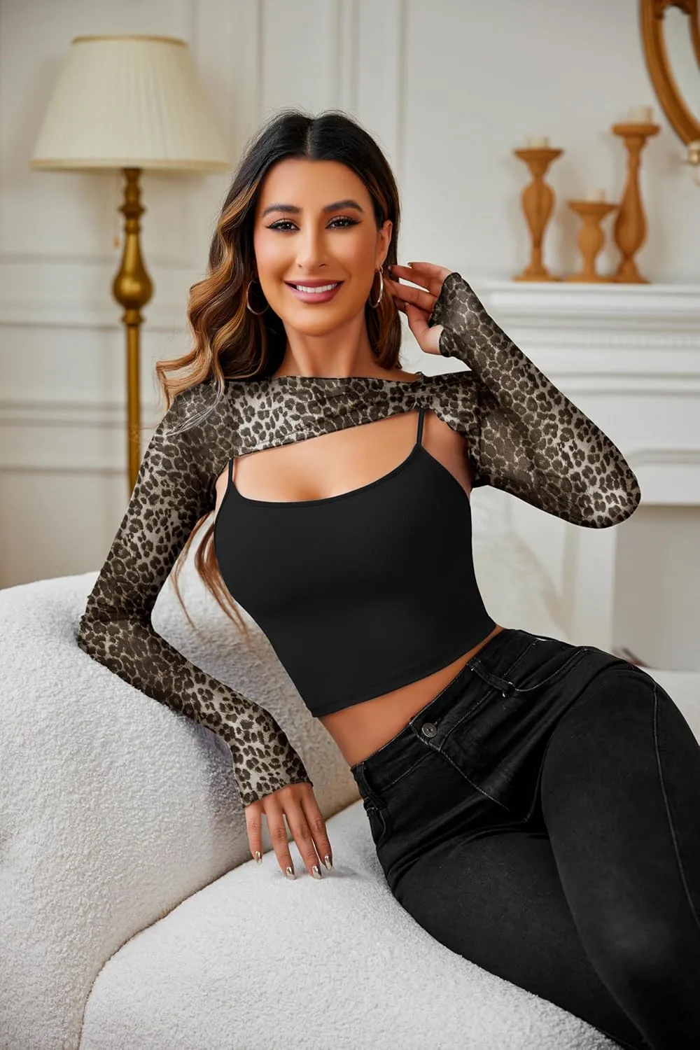 Avidlove Women Sexy Long Sleeve Mesh Crop Top Solid Cover Up with Spaghetti Strap Cami Top 2 Pieces Clubwear with Thumb Holes