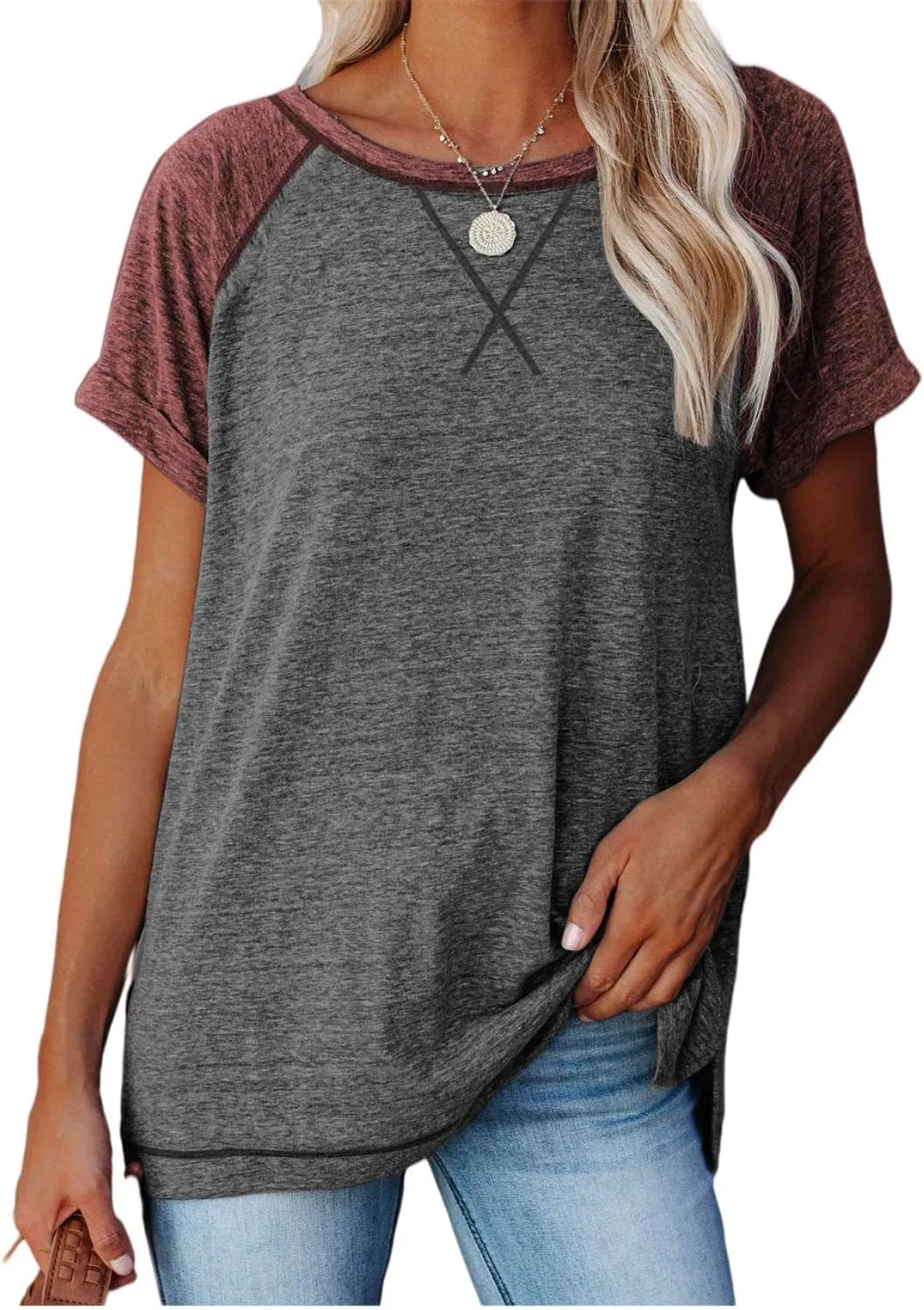 ayreus Women's Casual Short Sleeve T Shirts Crewneck Raglan Tees Side Split Summer Tunic Tops