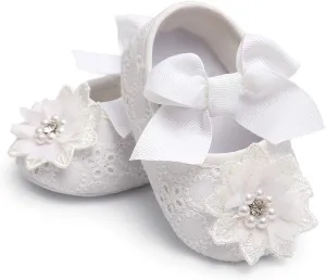 Baby Girls Mary Jane Flats with Bowknot Floral Princess Wedding Dress Shoes Soft Newborn Infant Crib First Walkers Prewalker