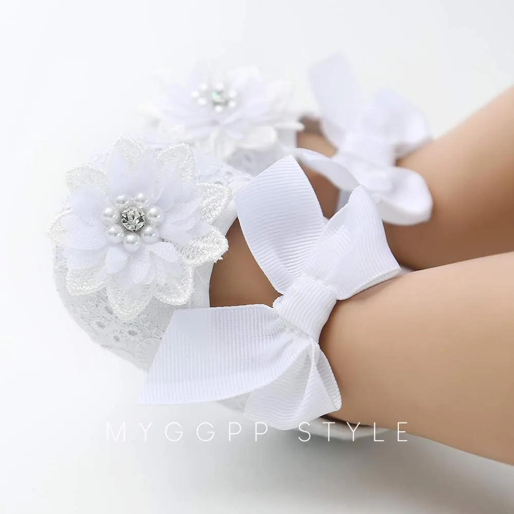 Baby Girls Mary Jane Flats with Bowknot Floral Princess Wedding Dress Shoes Soft Newborn Infant Crib First Walkers Prewalker