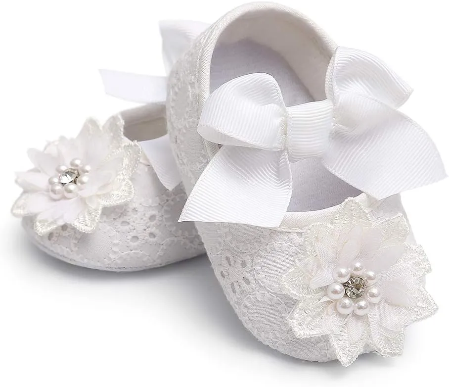 Baby Girls Mary Jane Flats with Bowknot Floral Princess Wedding Dress Shoes Soft Newborn Infant Crib First Walkers Prewalker