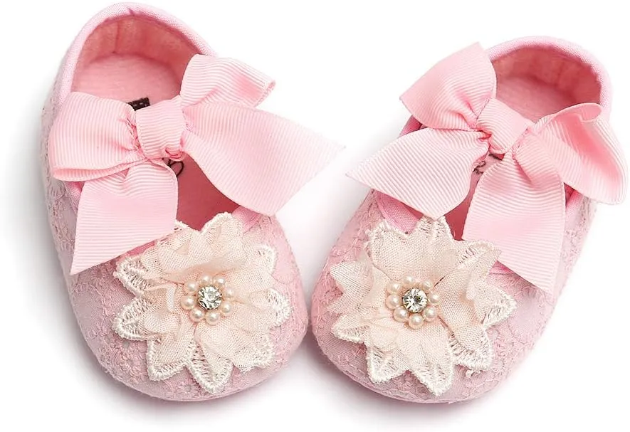 Baby Girls Mary Jane Flats with Bowknot Floral Princess Wedding Dress Shoes Soft Newborn Infant Crib First Walkers Prewalker
