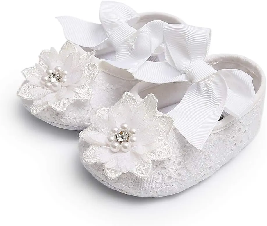 Baby Girls Mary Jane Flats with Bowknot Floral Princess Wedding Dress Shoes Soft Newborn Infant Crib First Walkers Prewalker