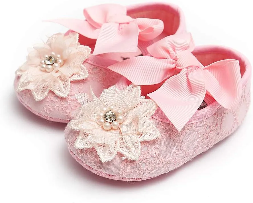 Baby Girls Mary Jane Flats with Bowknot Floral Princess Wedding Dress Shoes Soft Newborn Infant Crib First Walkers Prewalker