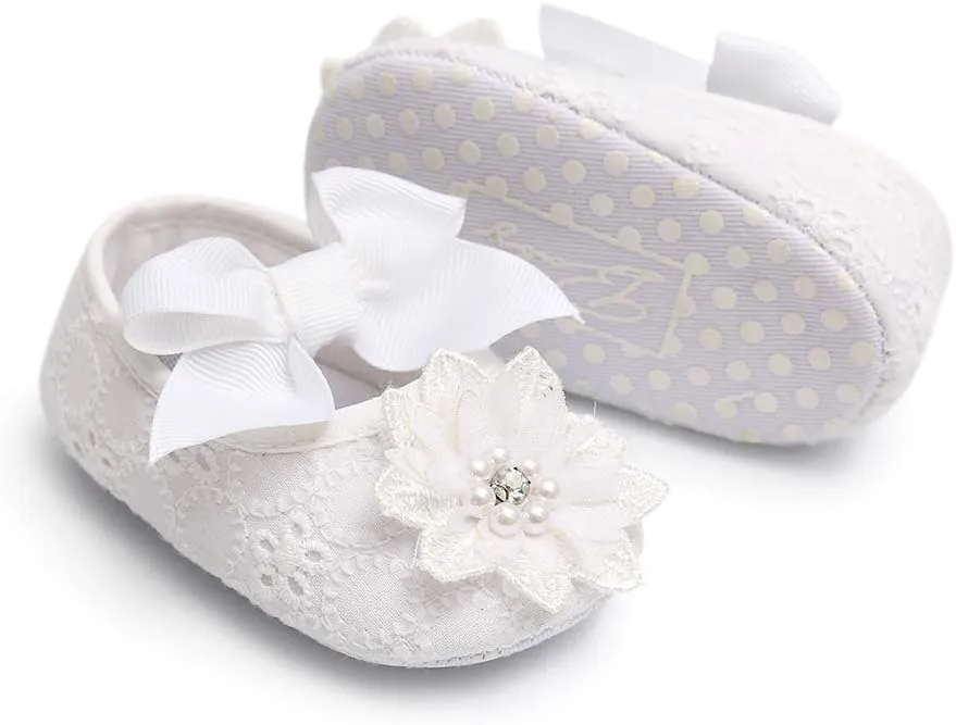 Baby Girls Mary Jane Flats with Bowknot Floral Princess Wedding Dress Shoes Soft Newborn Infant Crib First Walkers Prewalker