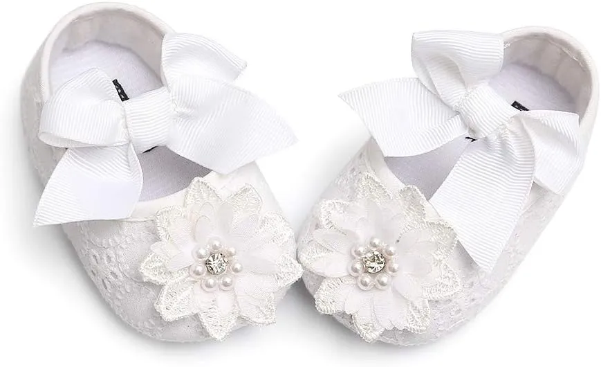 Baby Girls Mary Jane Flats with Bowknot Floral Princess Wedding Dress Shoes Soft Newborn Infant Crib First Walkers Prewalker