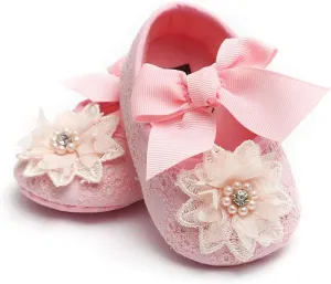 Baby Girls Mary Jane Flats with Bowknot Floral Princess Wedding Dress Shoes Soft Newborn Infant Crib First Walkers Prewalker