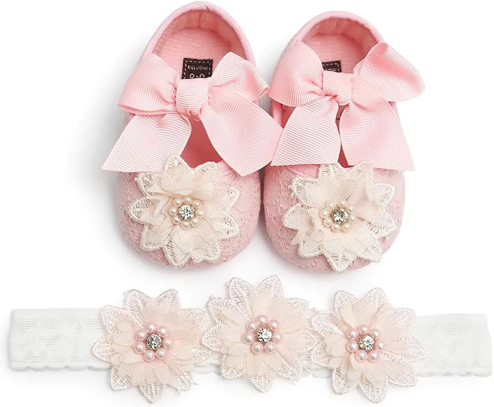 Baby Girls Mary Jane Flats with Bowknot Flowers Soft Newborn Infant First Walkers Crib Shoes Wedding Party Christmas Dress Shoes