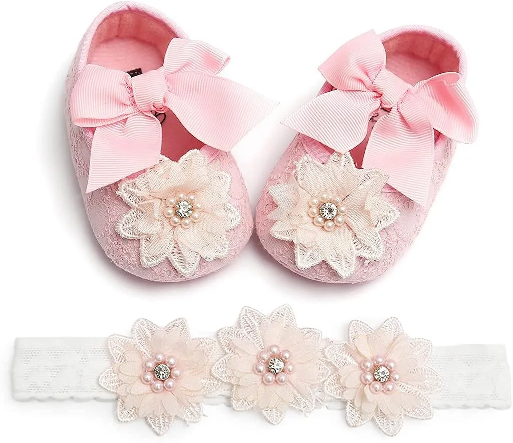 Baby Girls Mary Jane Flats with Bowknot Flowers Soft Newborn Infant First Walkers Crib Shoes Wedding Party Christmas Dress Shoes