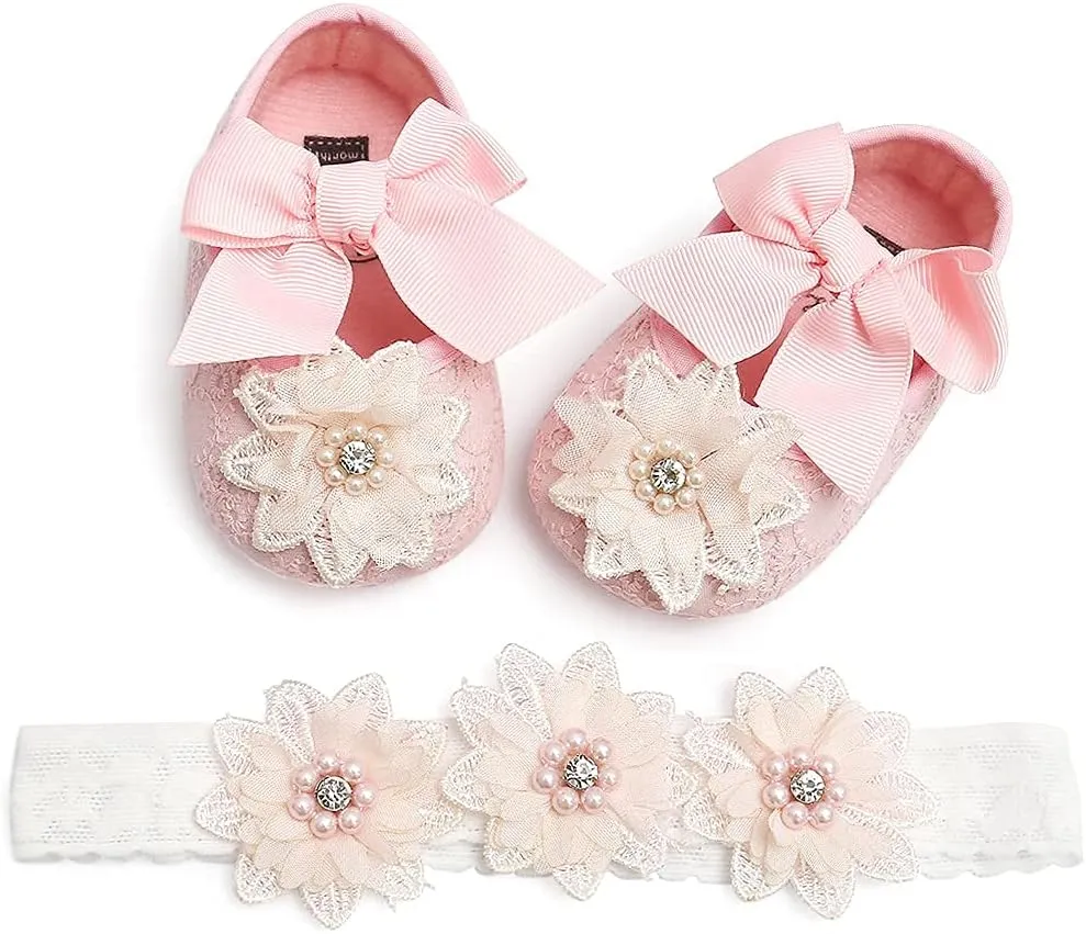 Baby Girls Mary Jane Flats with Bowknot Flowers Soft Newborn Infant First Walkers Crib Shoes Wedding Party Christmas Dress Shoes