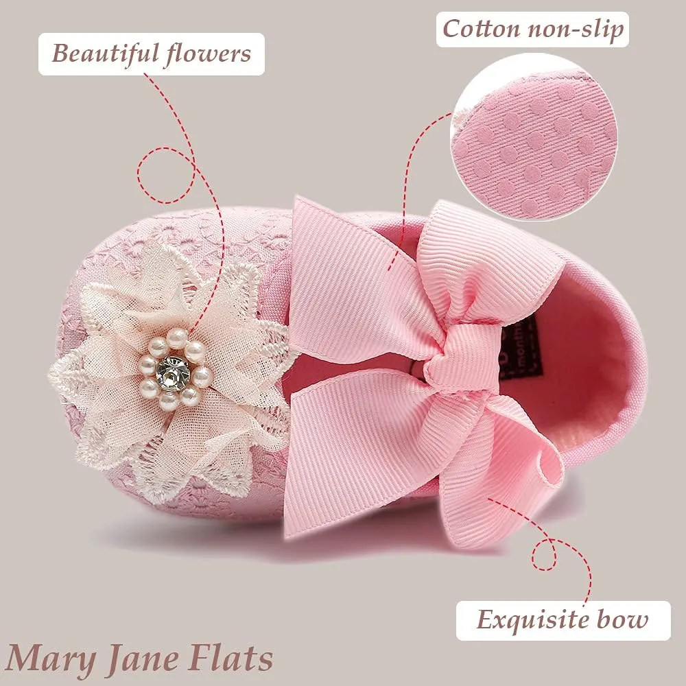 Baby Girls Mary Jane Flats with Bowknot Flowers Soft Newborn Infant First Walkers Crib Shoes Wedding Party Christmas Dress Shoes