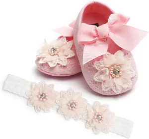 Baby Girls Mary Jane Flats with Bowknot Flowers Soft Newborn Infant First Walkers Crib Shoes Wedding Party Christmas Dress Shoes