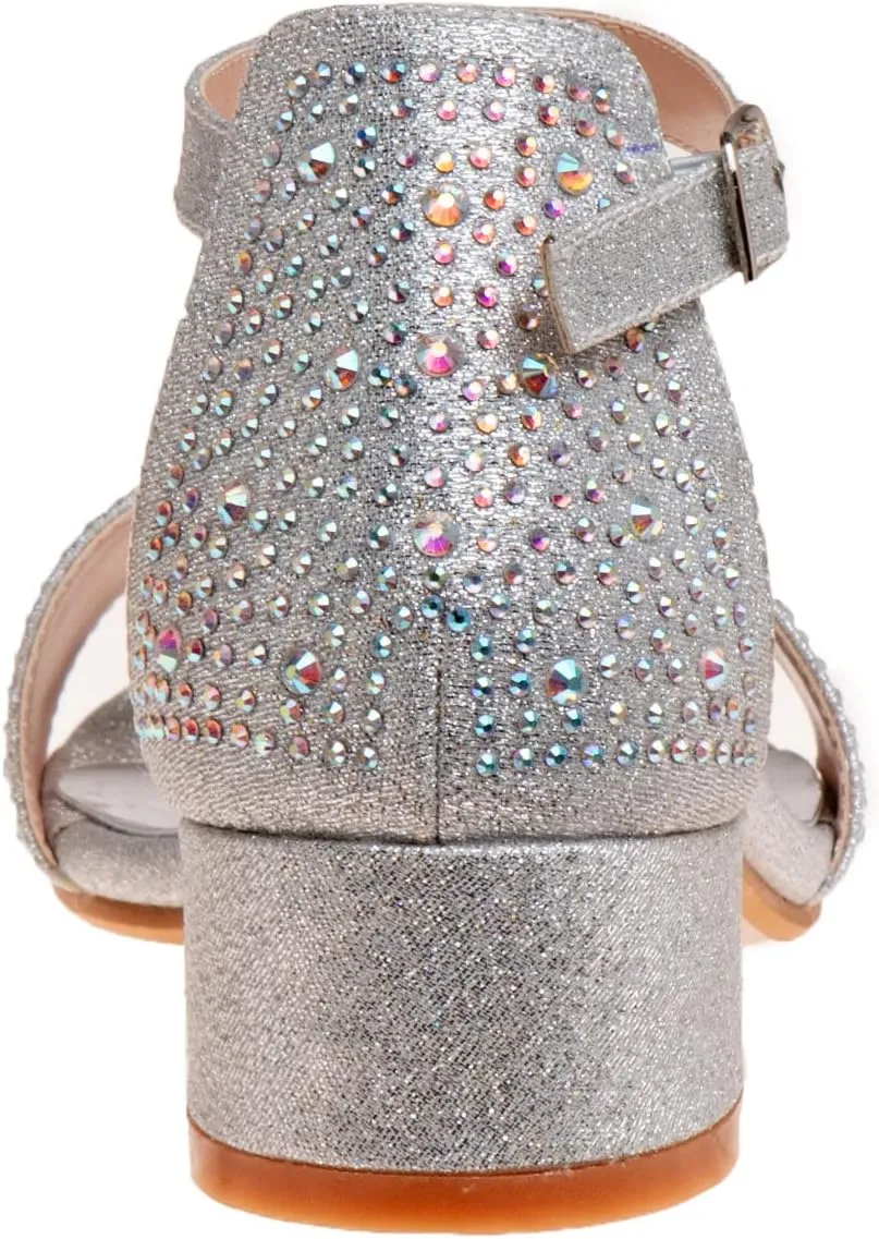 Badgley Mischka Girls Dress Shoes - Sandy Rhinestone Open Toe Dress Pump Sandals with Ankle Strap Heels for Kids (Rose Gold, Silver, Black) (Little Kid/Big Kid)