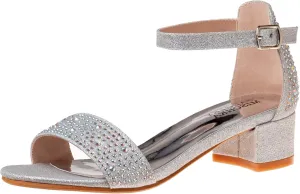 Badgley Mischka Girls Dress Shoes - Sandy Rhinestone Open Toe Dress Pump Sandals with Ankle Strap Heels for Kids (Rose Gold, Silver, Black) (Little Kid/Big Kid)