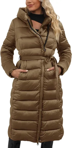 Bellivera Women's Puffer Jacket Lightweight Quilted Hooded Long Down Alternative Coat with Belt
