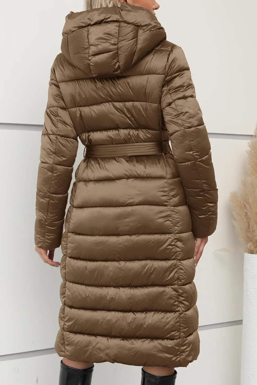 Bellivera Women's Puffer Jacket Lightweight Quilted Hooded Long Down Alternative Coat with Belt