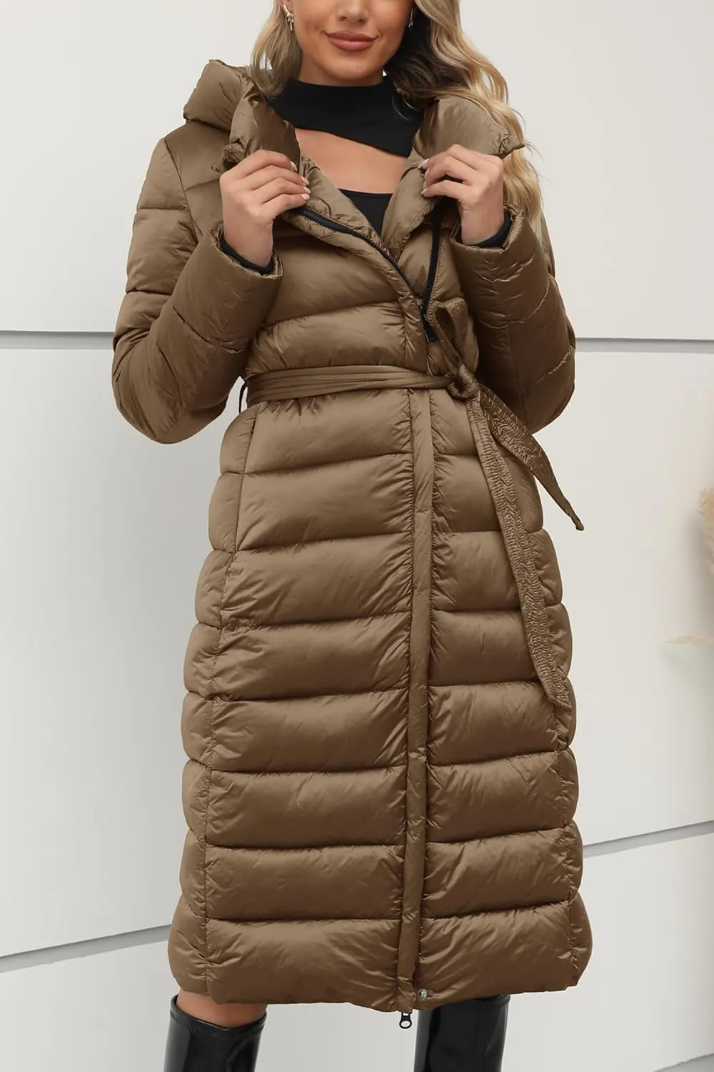 Bellivera Women's Puffer Jacket Lightweight Quilted Hooded Long Down Alternative Coat with Belt