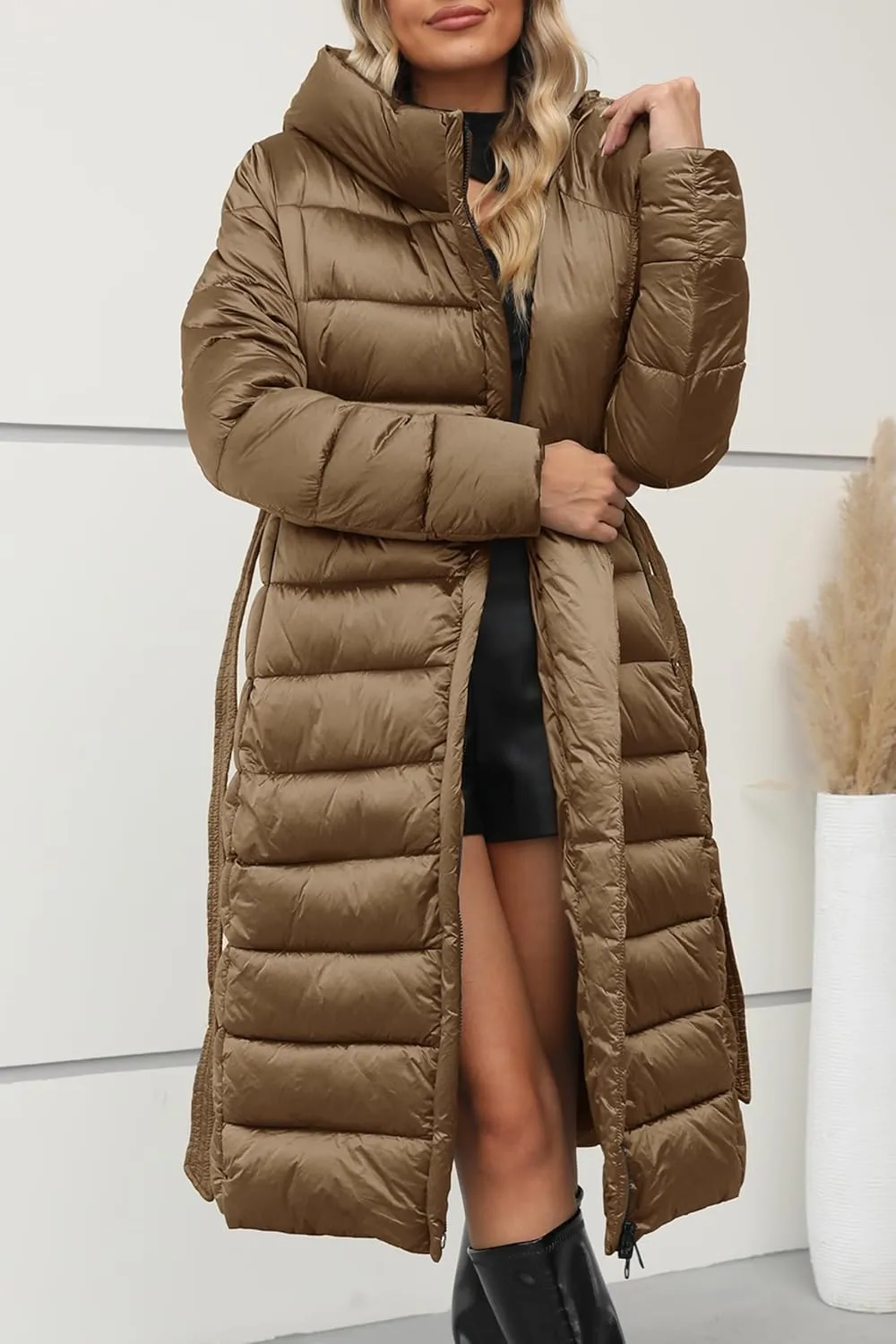 Bellivera Women's Puffer Jacket Lightweight Quilted Hooded Long Down Alternative Coat with Belt