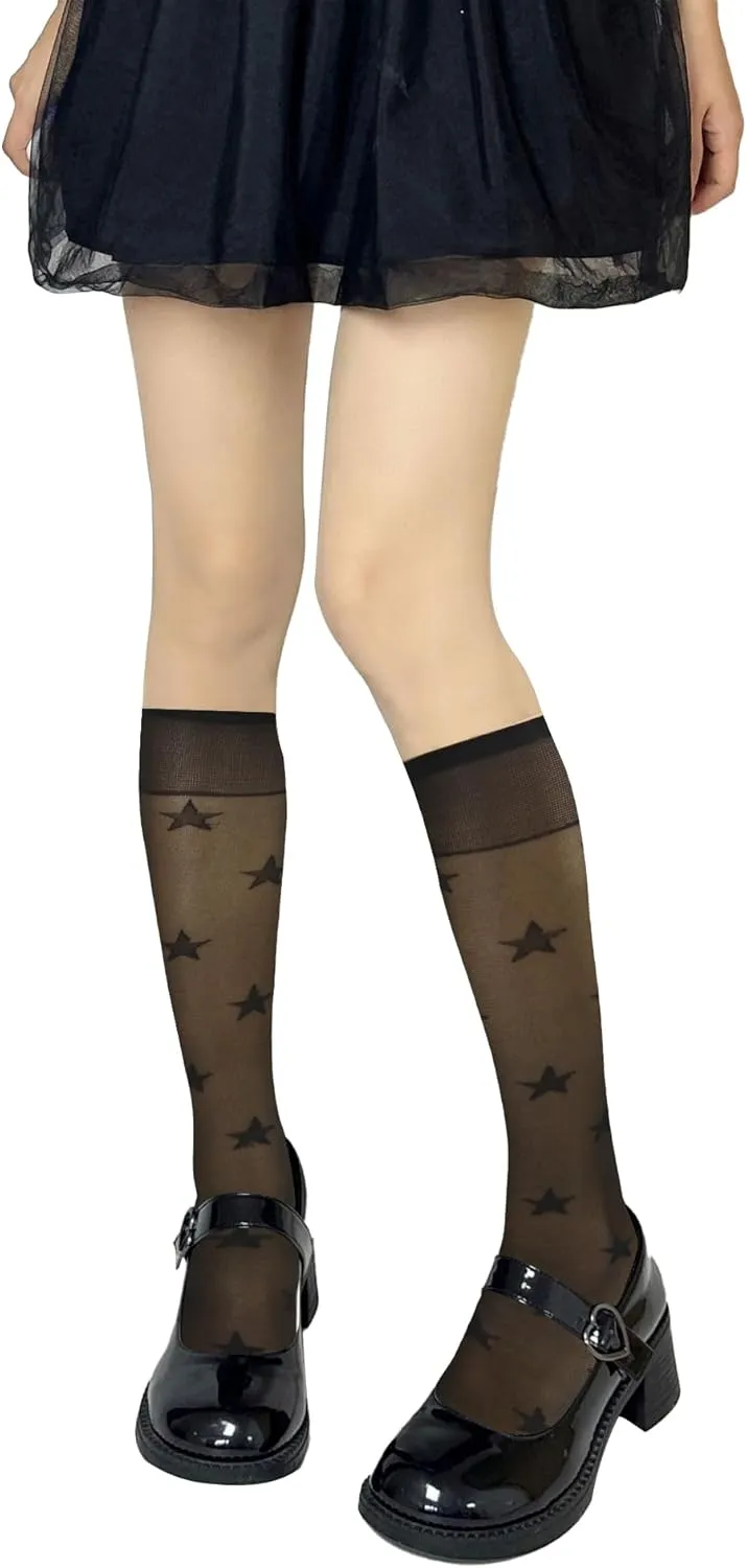 Benefeet Sox Womens Girls Sheer Knee High Socks Black White Mesh Fishnet Lace Stockings Nylon Kawaii Lolita Socks