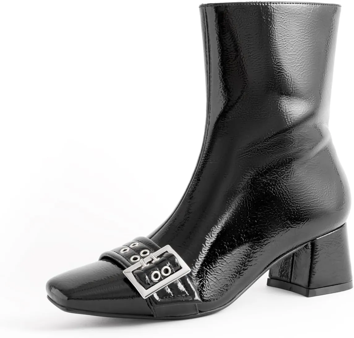 Black Square Toe Ankle Boots with Eyelet Buckle Straps Women Fashion Sexy 1 Inch Low Block Heel Zipper Booties