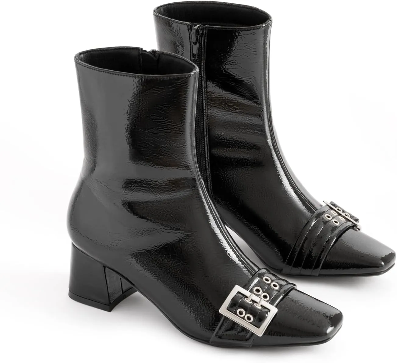Black Square Toe Ankle Boots with Eyelet Buckle Straps Women Fashion Sexy 1 Inch Low Block Heel Zipper Booties