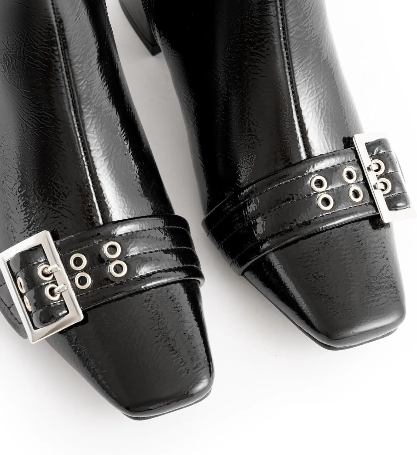 Black Square Toe Ankle Boots with Eyelet Buckle Straps Women Fashion Sexy 1 Inch Low Block Heel Zipper Booties