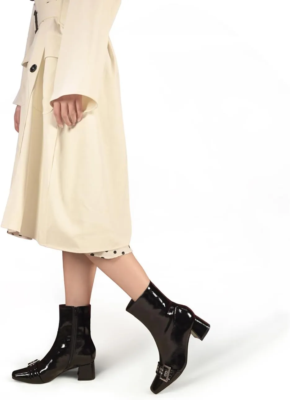 Black Square Toe Ankle Boots with Eyelet Buckle Straps Women Fashion Sexy 1 Inch Low Block Heel Zipper Booties