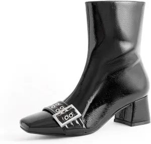 Black Square Toe Ankle Boots with Eyelet Buckle Straps Women Fashion Sexy 1 Inch Low Block Heel Zipper Booties
