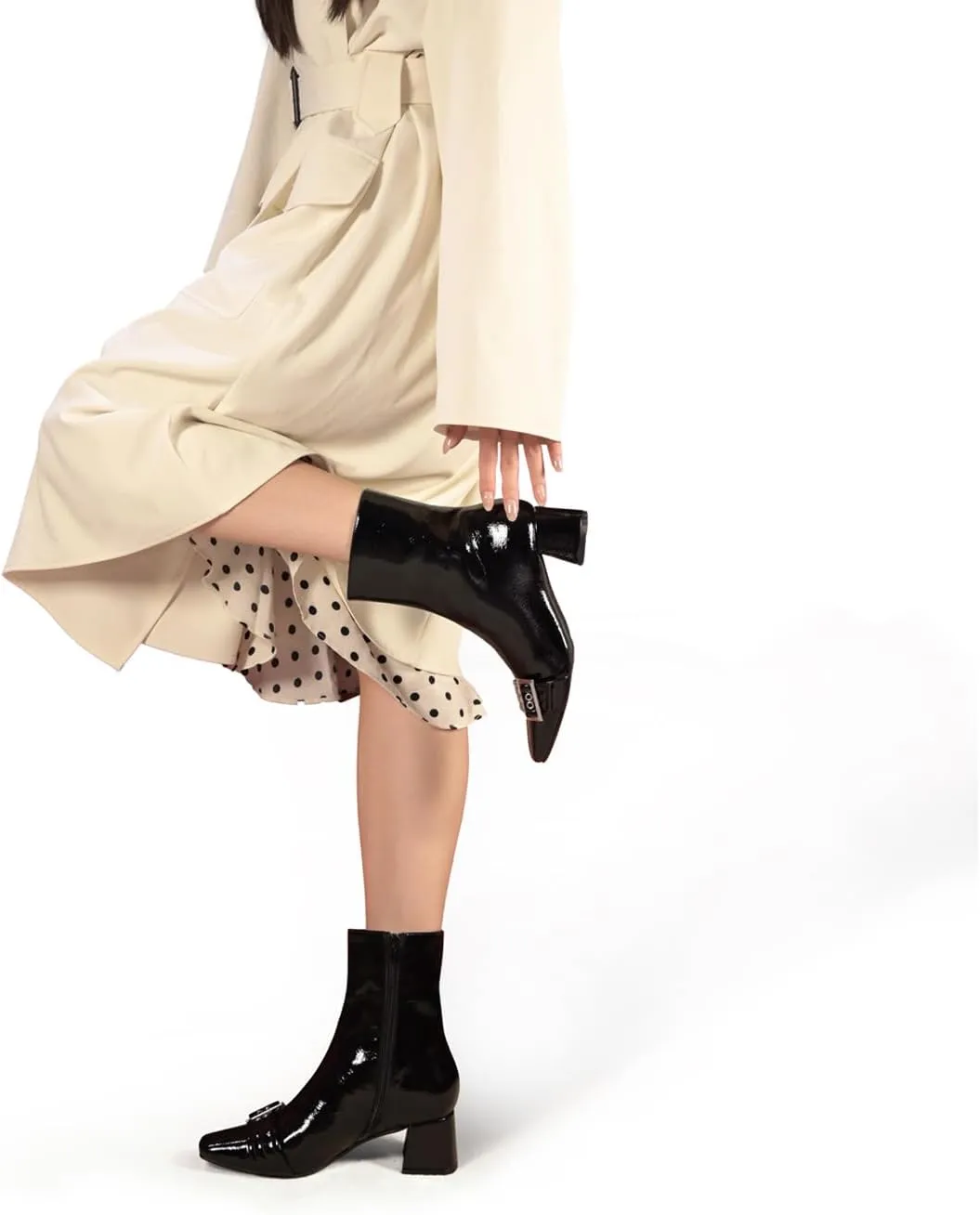 Black Square Toe Ankle Boots with Eyelet Buckle Straps Women Fashion Sexy 1 Inch Low Block Heel Zipper Booties