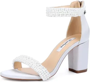 Block Heel Wedding Sandals Pearl Heels Open Toe Wedding Shoes for Bride Bridal Shoes