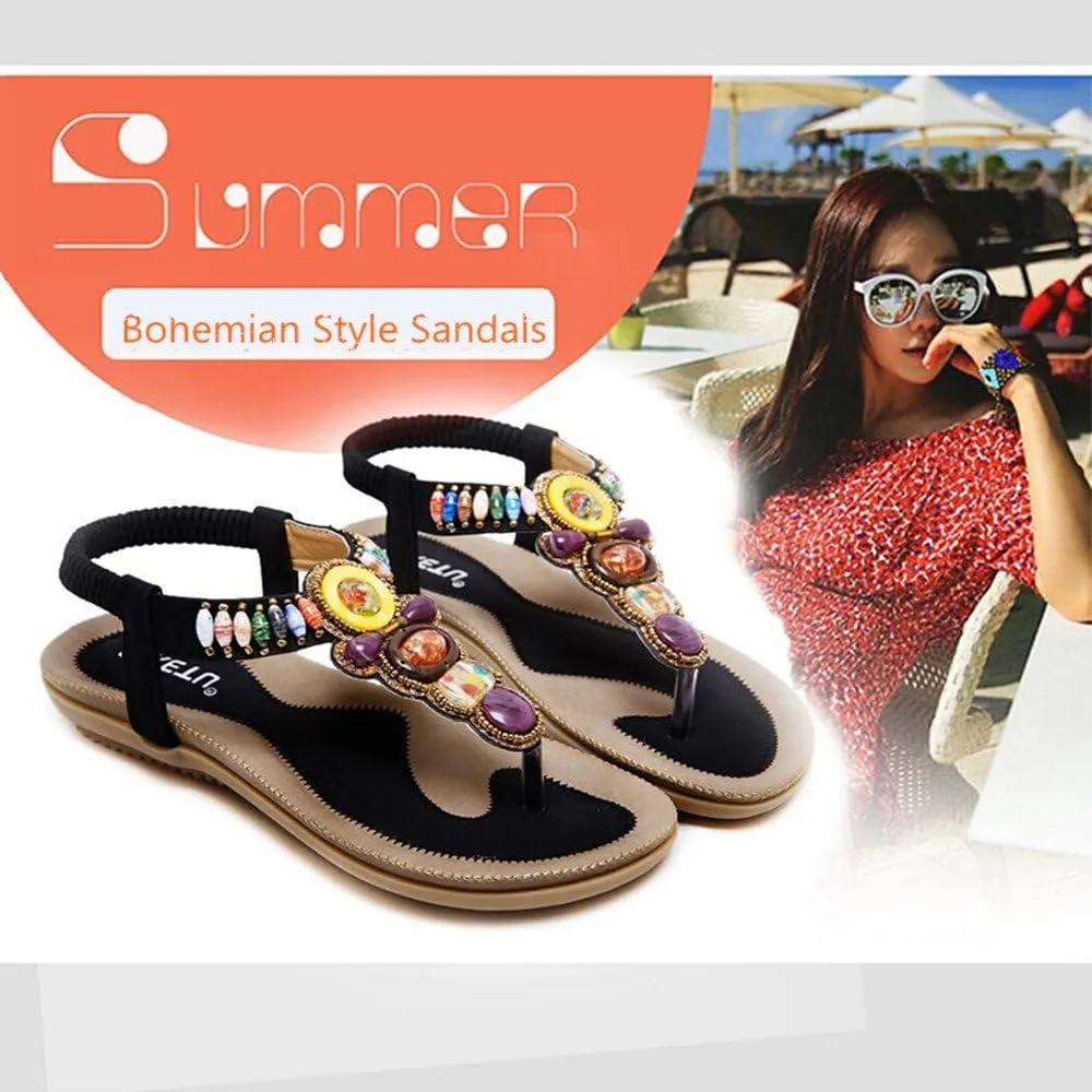 Bohemian Women's Beaded Sling Sandals Rhinestone Yoga Slingback Gladiator Beach Wedding Shoes Flip-Flop