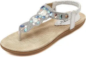 Bohemian Women's Beaded Sling Sandals Rhinestone Yoga Slingback Gladiator Beach Wedding Shoes Flip-Flop