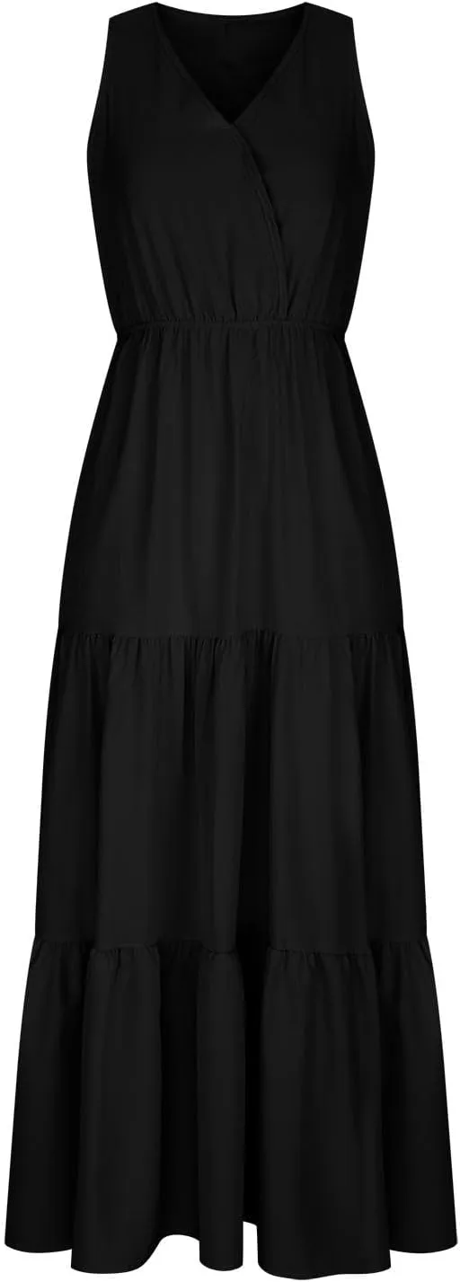 Boho Dresses for Women 2025 Casual Soft Pleated Maxi Dresses V Neck Sleeveless Summer Beach Long Dress Sundresses