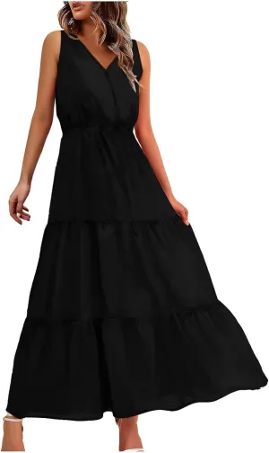 Boho Dresses for Women 2025 Casual Soft Pleated Maxi Dresses V Neck Sleeveless Summer Beach Long Dress Sundresses