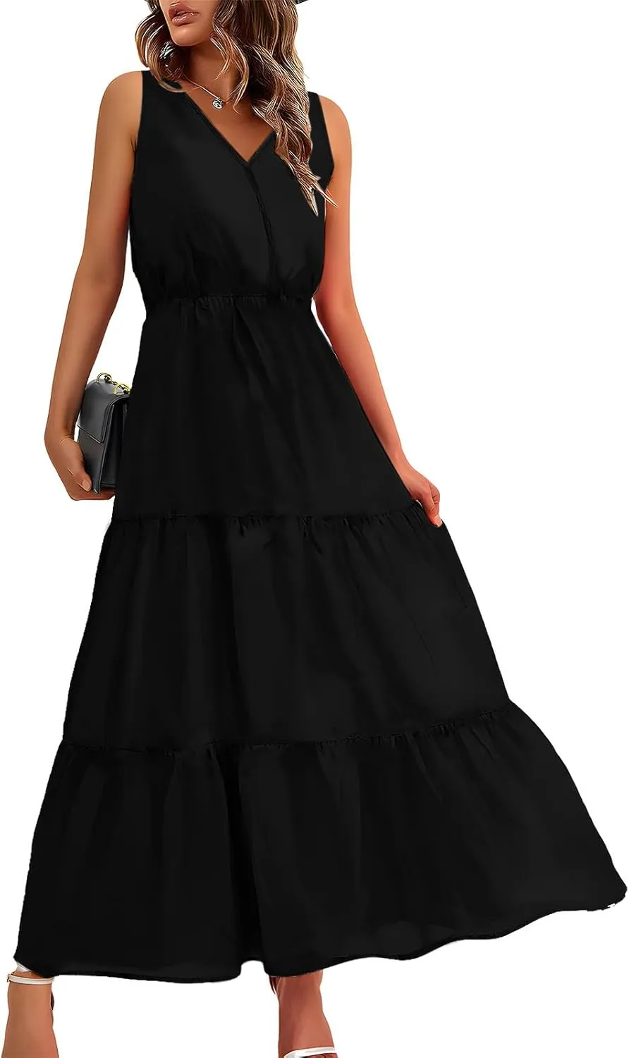 Boho Dresses for Women 2025 Casual Soft Pleated Maxi Dresses V Neck Sleeveless Summer Beach Long Dress Sundresses