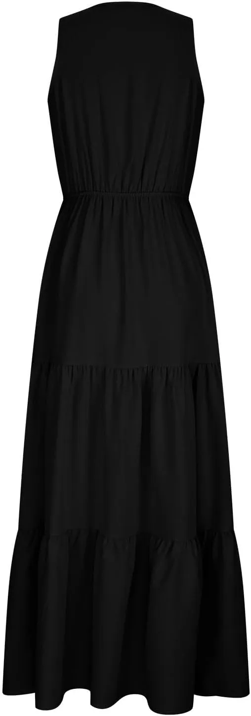 Boho Dresses for Women 2025 Casual Soft Pleated Maxi Dresses V Neck Sleeveless Summer Beach Long Dress Sundresses