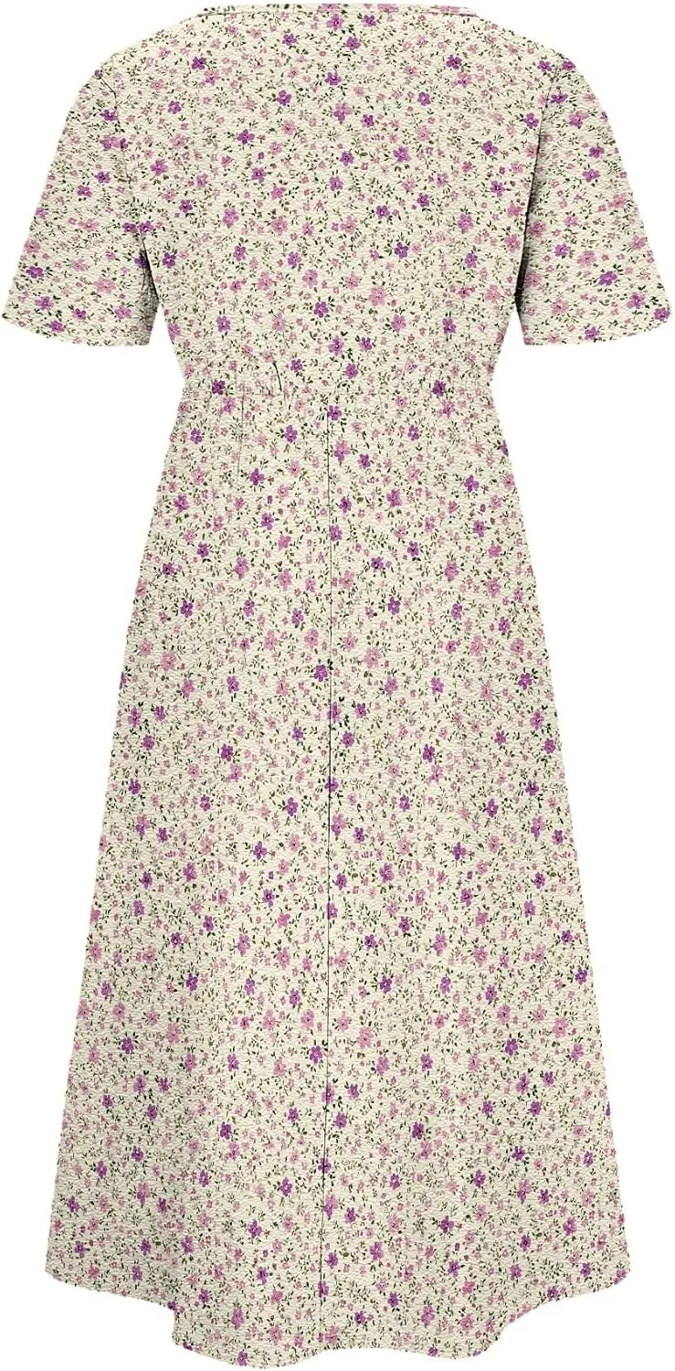 Boho Floral Short Sleeve Midi Dress for Women High Waisted Flowy Loose Fit Casual Cotton Dresses with Pockets