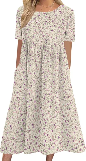 Boho Floral Short Sleeve Midi Dress for Women High Waisted Flowy Loose Fit Casual Cotton Dresses with Pockets