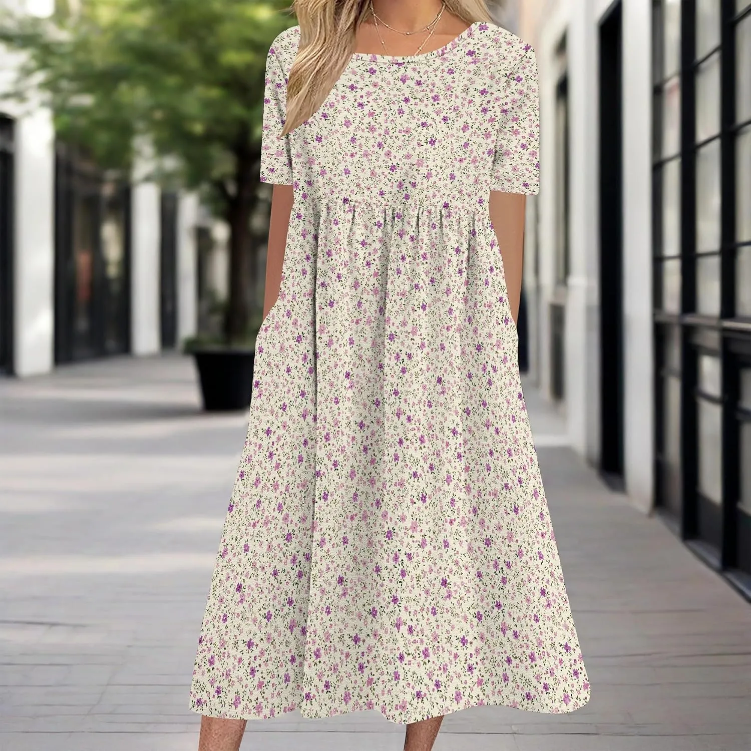 Boho Floral Short Sleeve Midi Dress for Women High Waisted Flowy Loose Fit Casual Cotton Dresses with Pockets