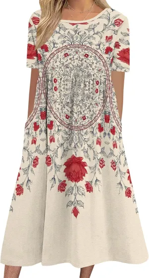 Boho Floral Short Sleeve Midi Dress for Women High Waisted Flowy Loose Fit Casual Cotton Dresses with Pockets