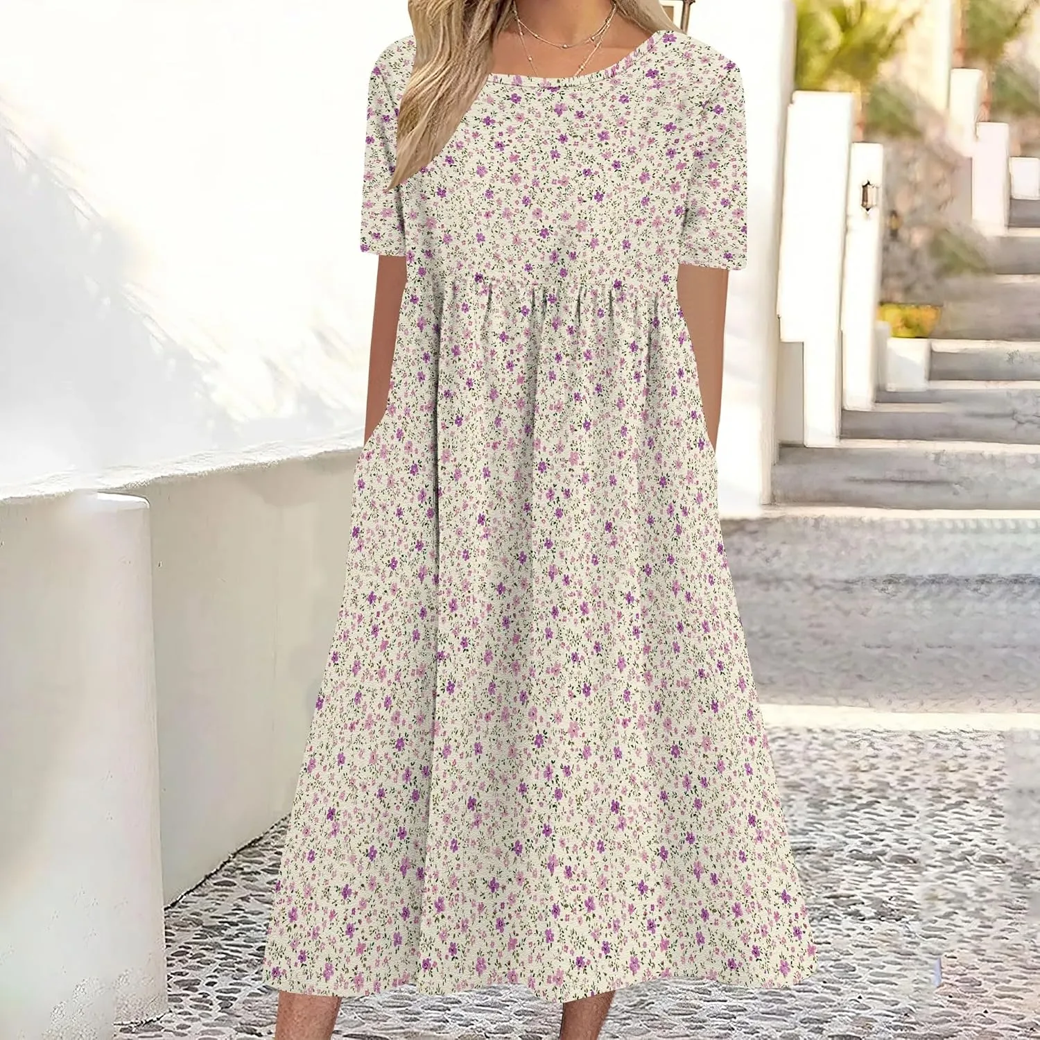 Boho Floral Short Sleeve Midi Dress for Women High Waisted Flowy Loose Fit Casual Cotton Dresses with Pockets