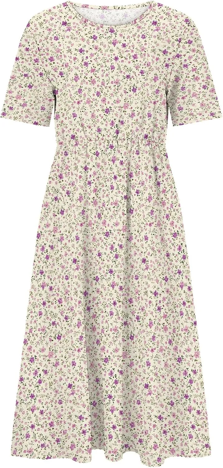 Boho Floral Short Sleeve Midi Dress for Women High Waisted Flowy Loose Fit Casual Cotton Dresses with Pockets